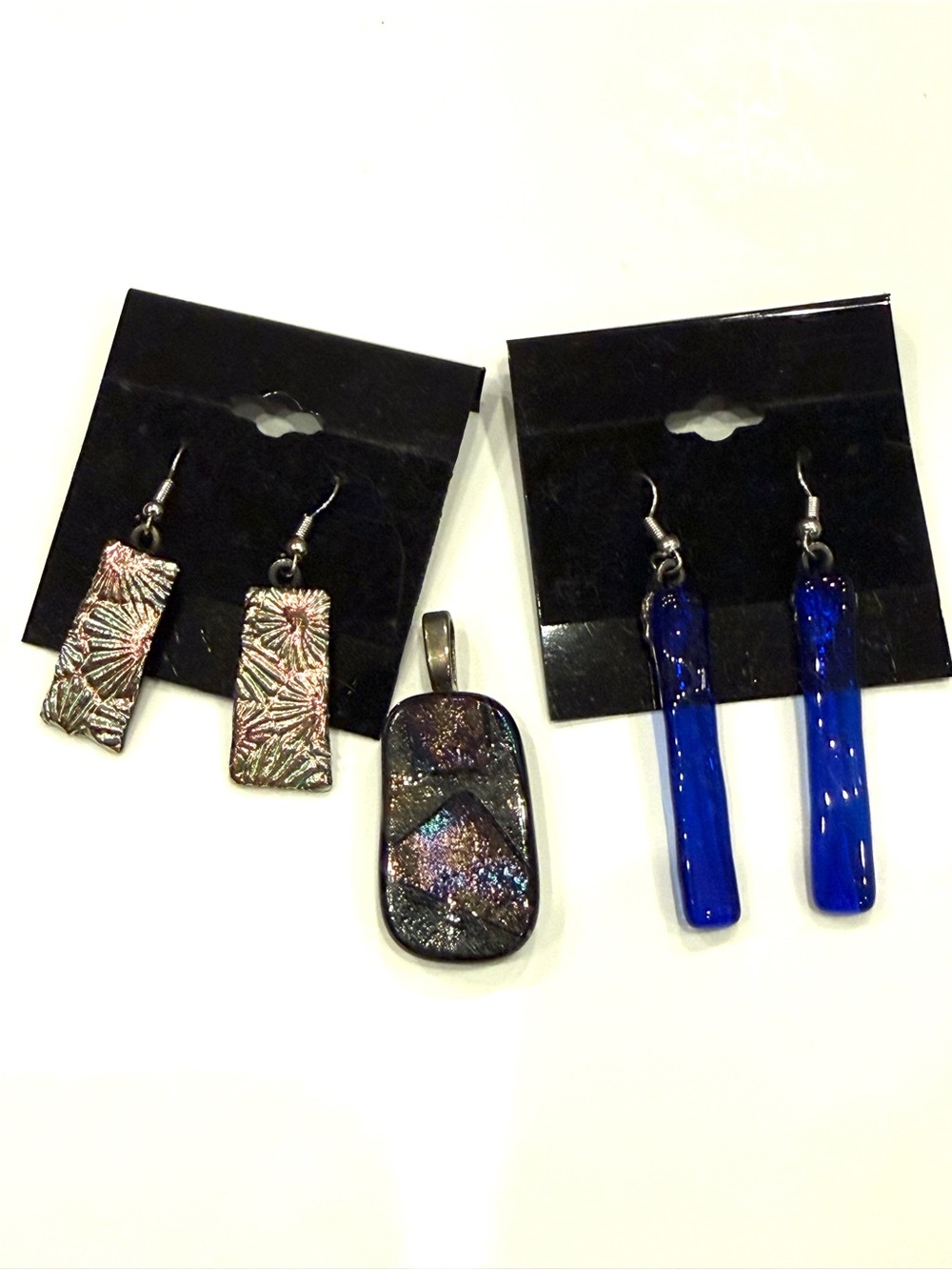 Artisan Fused Glass Pendant Earrings Set Cobalt Blue Purple Dichroic Handmade